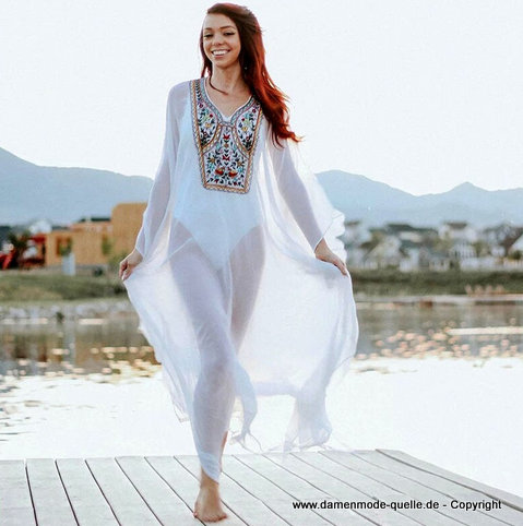 Weiße Chiffon Tunika Strandkleid Sommerkleid Bestickt