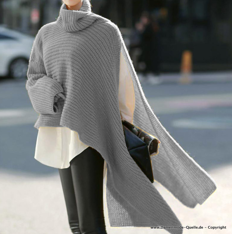 Winter Herbst Streetwear Damen Poncho mit Ein Langarm Silber