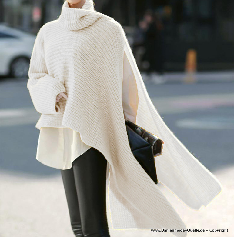 Winter Herbst Streetwear Damen Poncho mit Ein Langarm Weiß