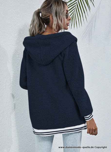 Winter Plüsch Hoodie Cardigan in Dunkel Blau