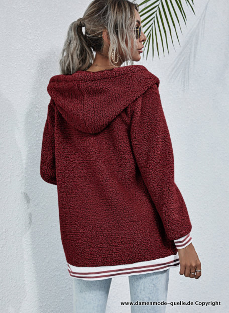 Winter Plüsch Hoodie Cardigan in Dunkel Rot