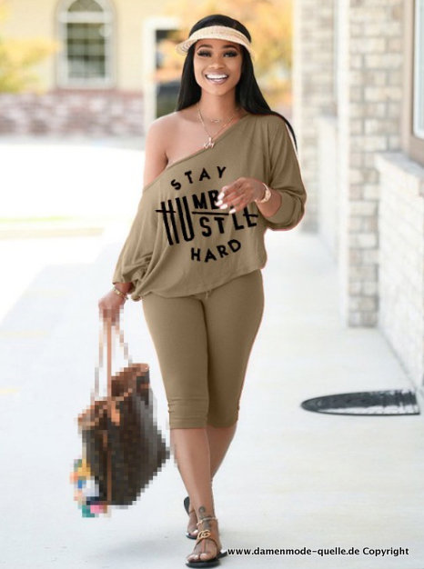 Zweiteiliges Damen Freizeit Outfit Schulterfrei in Khaki