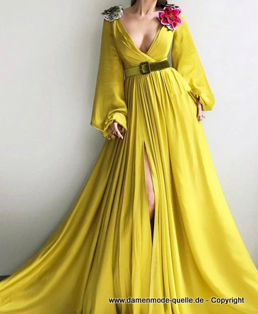 A-line Abendkleid in Gelb mit Tiefem V-ausschnitt und Stickereien