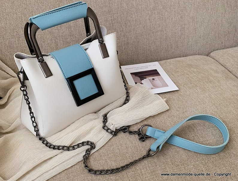 Designer PU Leder Tote Handtasche in Weiß Blau