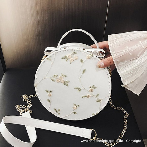 Runde PU Leder Handtasche in Weiß mit Blumen Stickereien