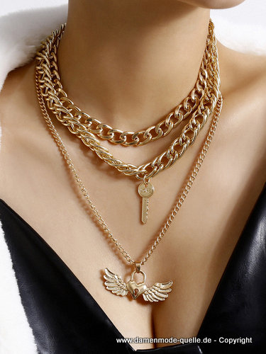 Layer Halskette in Gold mit Schlüssel Herz Anhänger