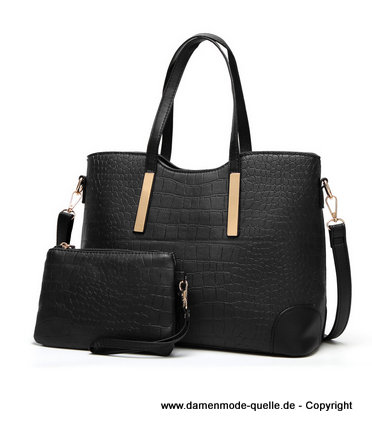 PU Leder Damen Handtasche mit Brieftasche im Set in Schwarz