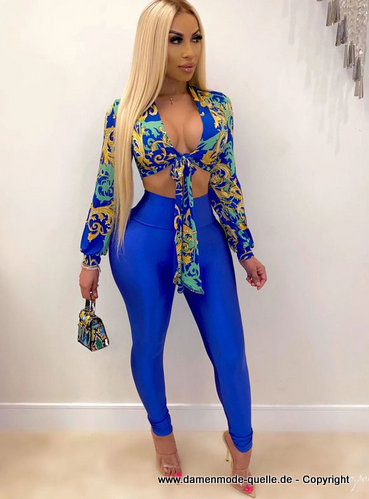 Sexy Damen Club Outfit in Blau Crop Bluse mit Leggeings
