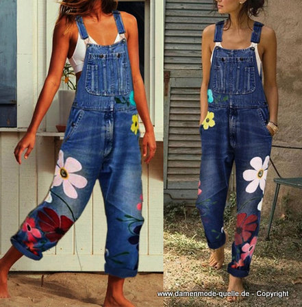 Damen Jumpsuit Jeans Overall mit Blumen