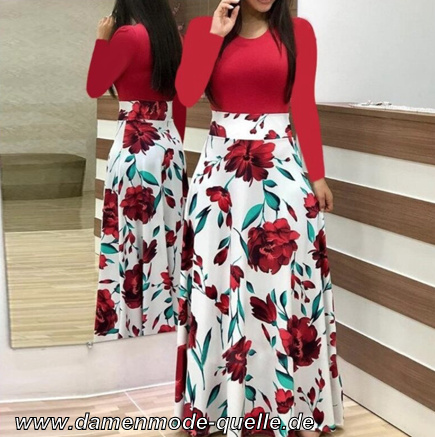 Tunika Patchwork Sommerkleid mit Ärmel in Rot Blumenmuster