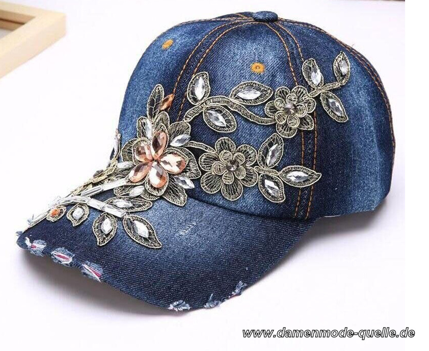 Damen Jeans Baseball-Cap Diamant Blumen