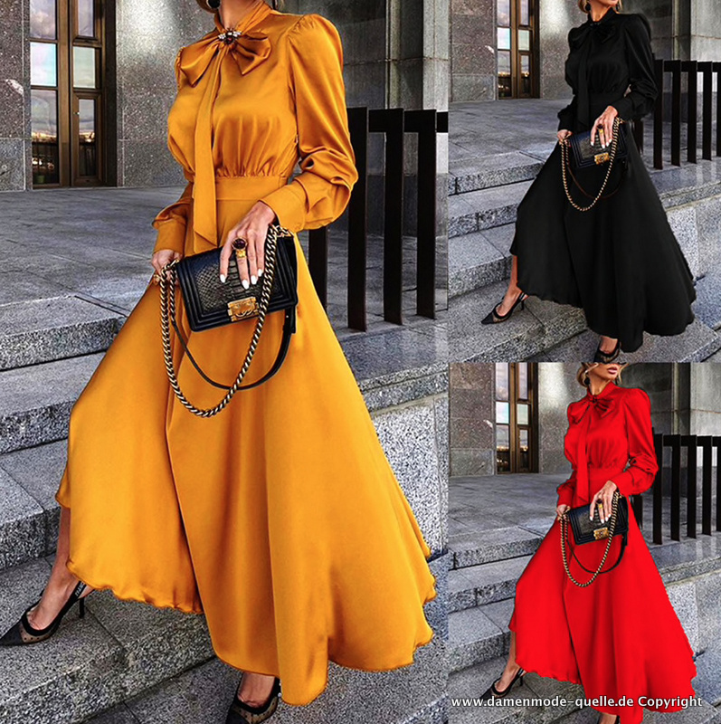Elegantes Langarm Vintage Kleid in Gelb Rot oder Schwarz