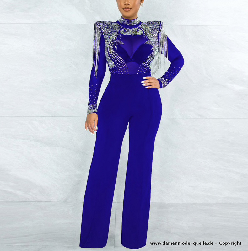 Sexy Jumpsuit Einteiler Lang in Blau mit Diamant Applikationen
