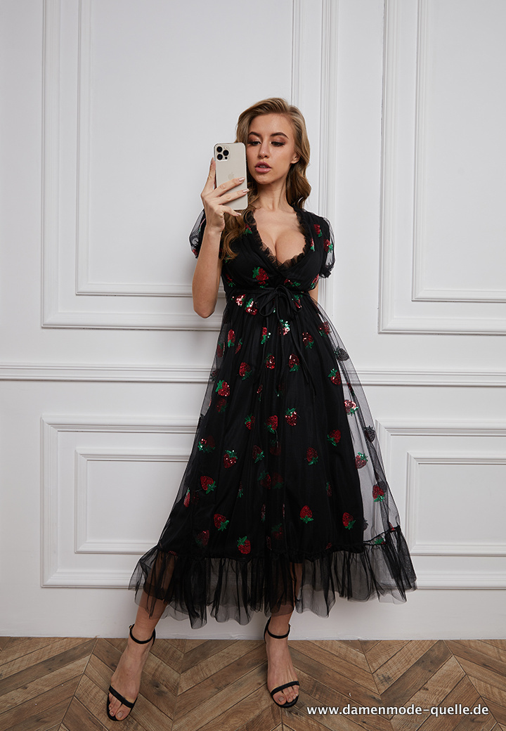A Linie Chiffon Tüll Kleid Elegant in Schwarz mit Erdbeermuster