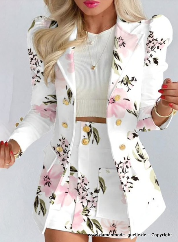 Business Damen Kostüm mit Sexy Minirock und Blumenmuster in Weiß