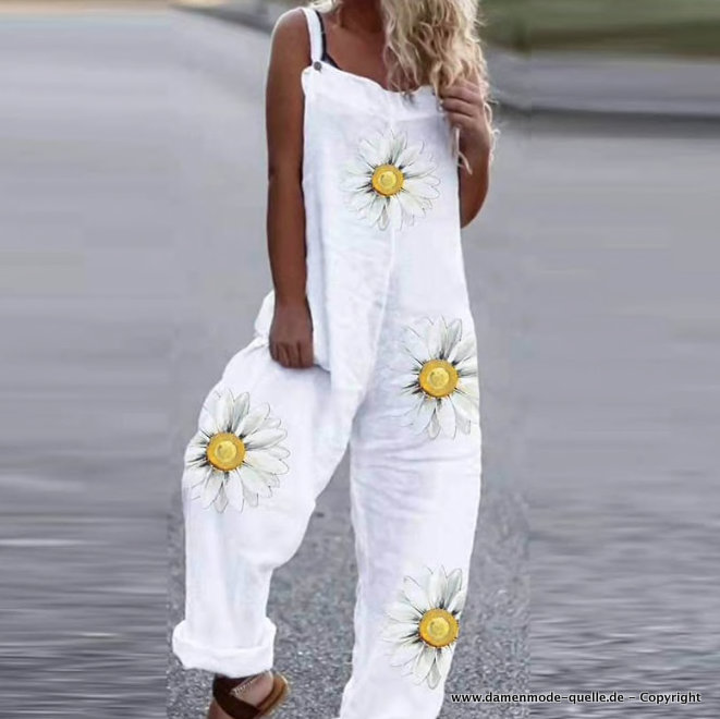 Coole Sommer Latzhose für Damen in Weiß mit Blumen