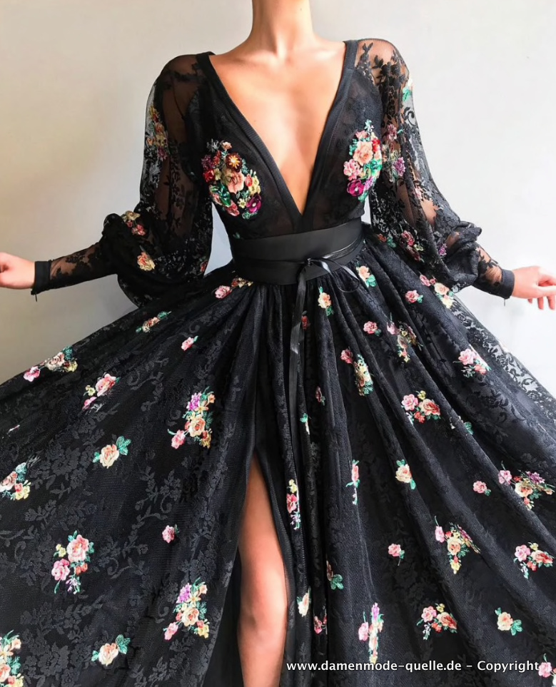 Langarm Abendkleid Elegant in Schwarz mit Sexy V Ausschnitt und Blumen Stick