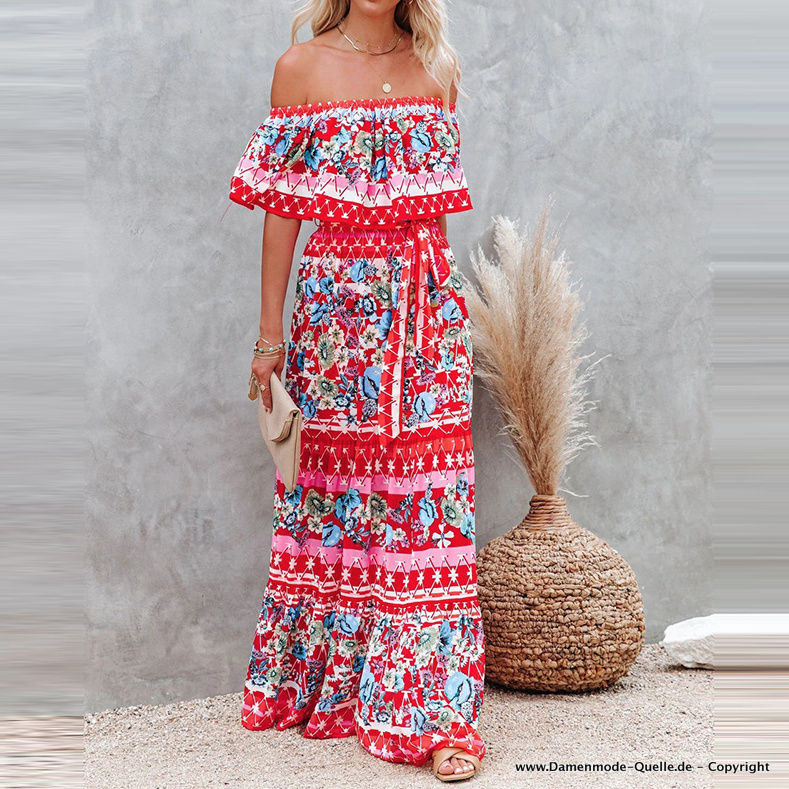 Schulterfreies Maxi Kleid Elegant in Rot mit Blumenmuster