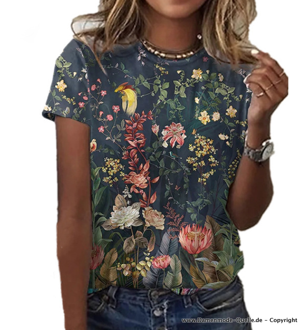 3D Blumen Print Damen Sommer Shirt mit Rundhals Ausschnitt