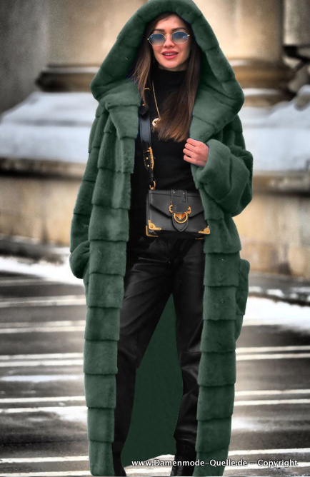 Langer Damen Kunstpelz Mantel mit Kapuze in Dunkelgrün