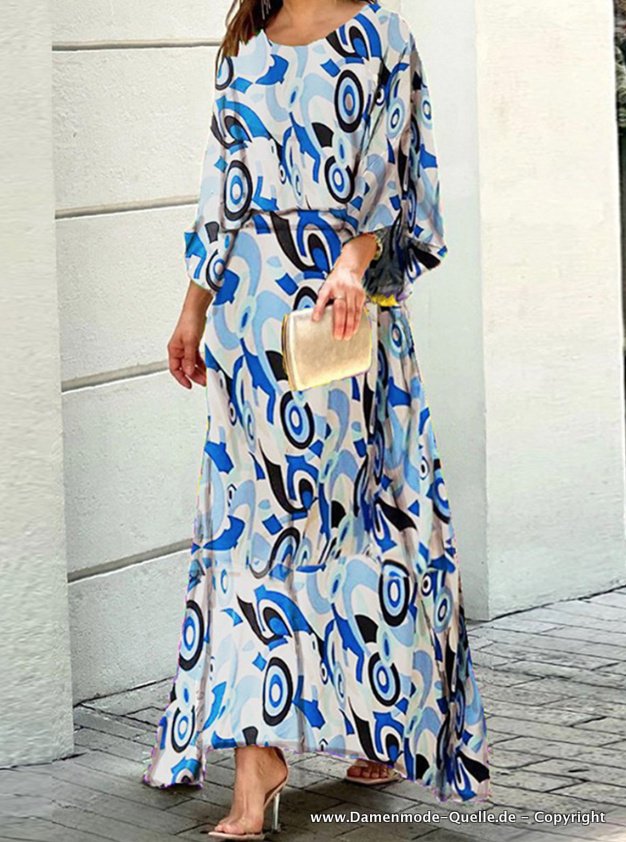 Eleganter Zweiteiler Outfit Bluse mit Maxi Rock im Set Weiß Blau
