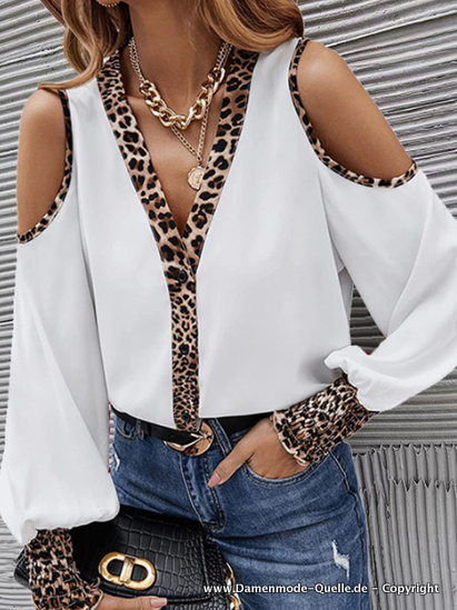 Langarm Leopard Print Damen Bluse in Weiß