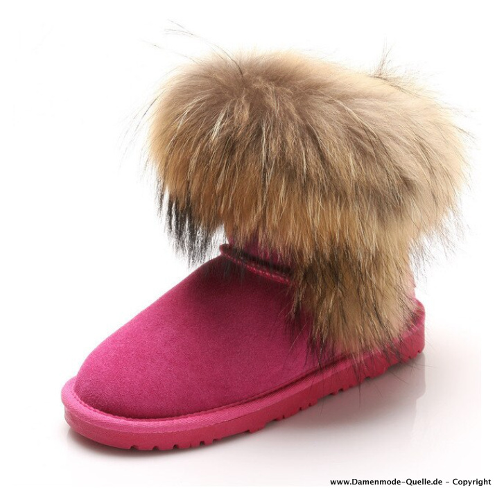 Leder Winter Kurz Stiefel in Pink mit Kunstpelzkragen