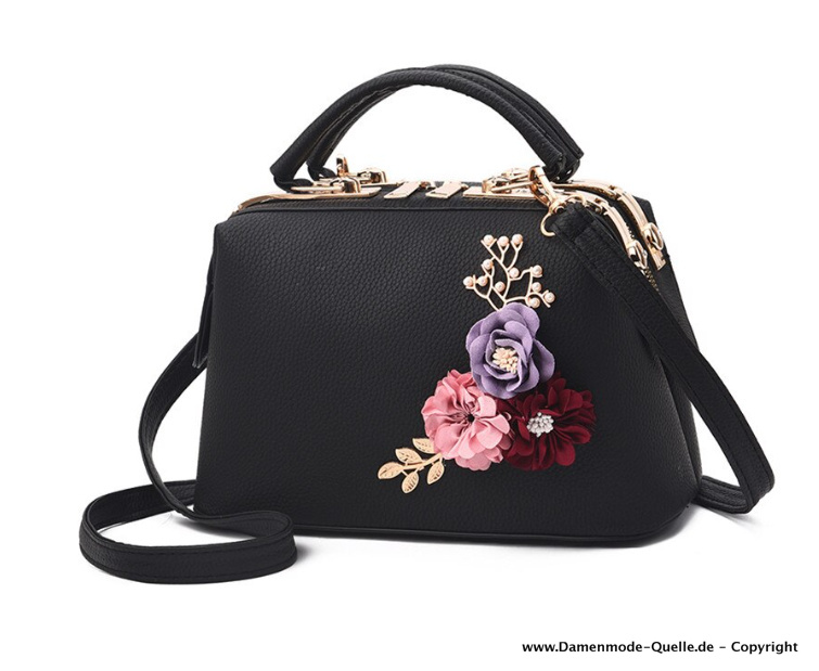 Luxus Leder Damen Handtasche 2023 Benedicta in Schwarz mit Blumen
