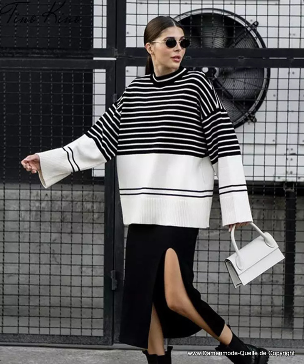 Damen Langarm Pullover Gestreift in Schwarz Weiß