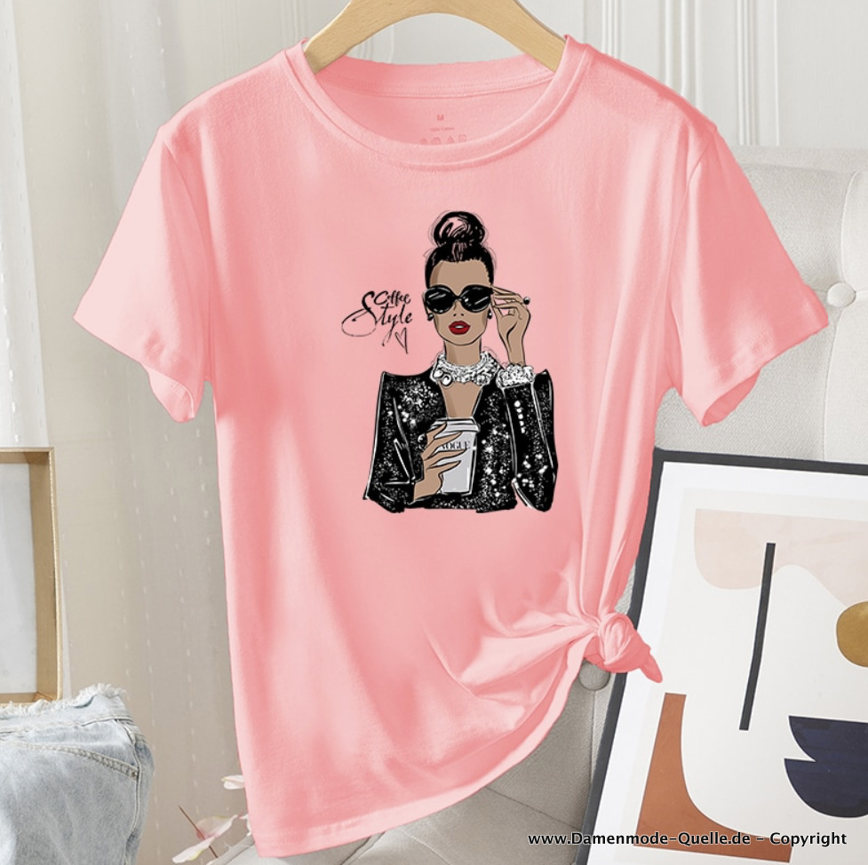 Grafik Print Damen T-Shirt Rosa