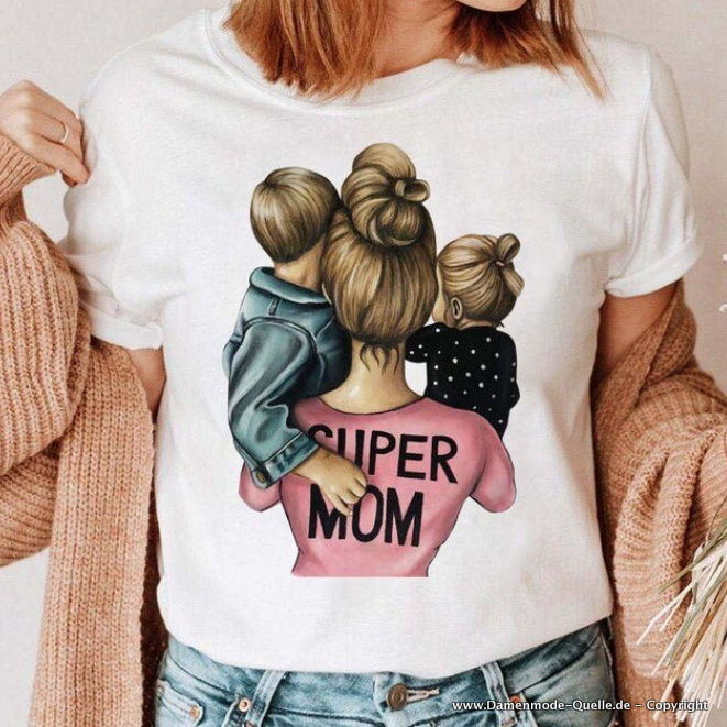 Super MOM Print Damen T-Shirt in Weiß