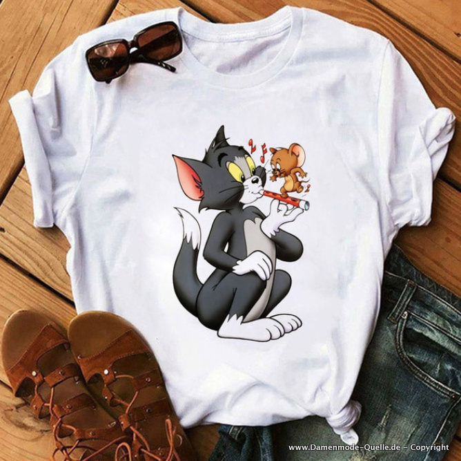 Tom und Jerry Cartoon Print Damen T-Shirt in Weiß