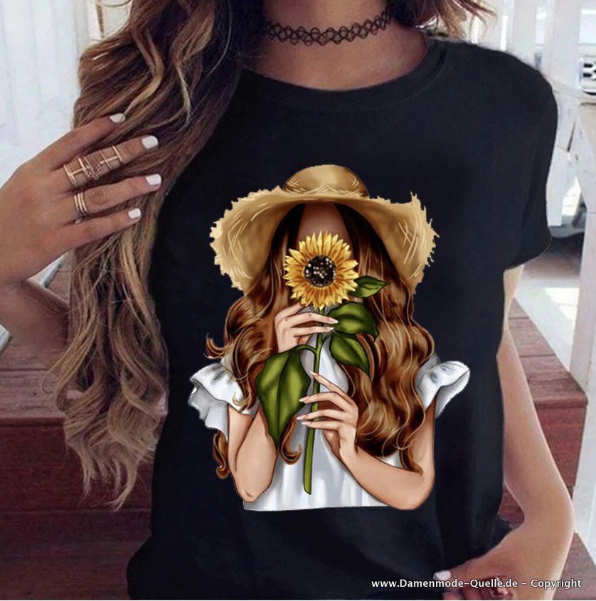 Sonnenblumen Mädchen Print Damen T-Shirt in Schwarz