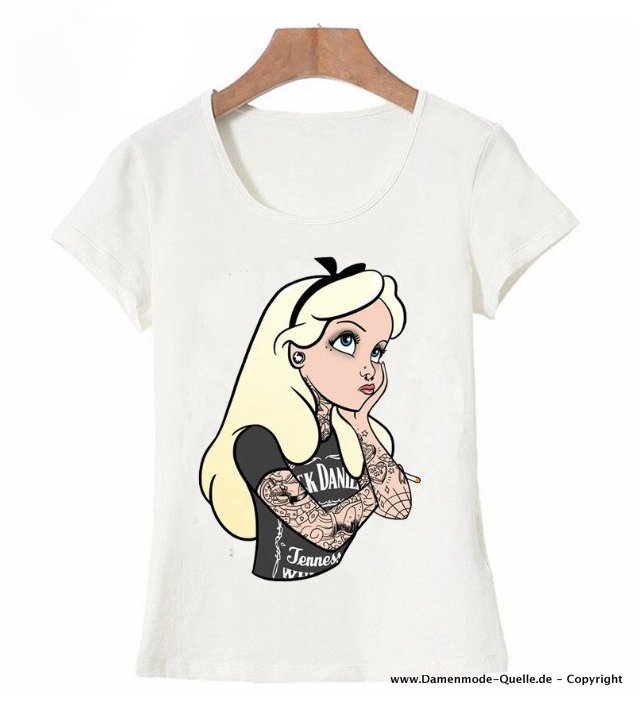 Alice Cartoon Print Damen T-Shirt in Weiß