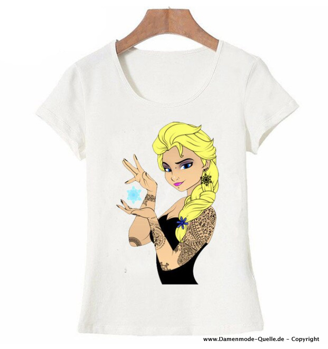 Elsa Cartoon Print Damen T-Shirt in Weiß