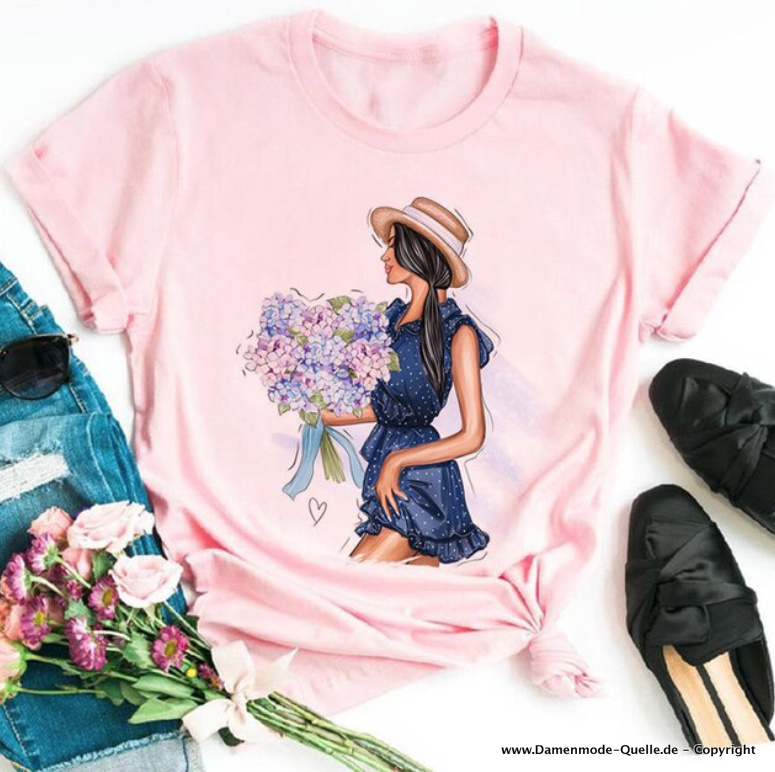 Mädchen mit Blumenstrauss Print Damen T-Shirt in Rosa