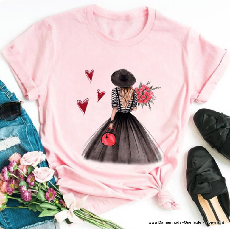 Rockabilly Mädchen Print Damen T-Shirt in Rosa