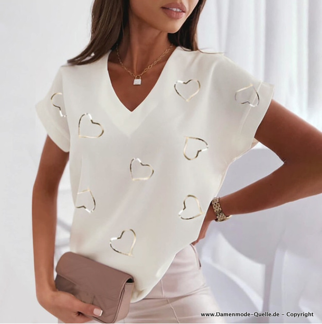 Damen Sommer Shirt Anina Elegant in Weiß mit Herzchen