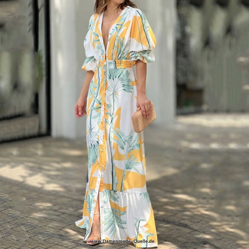 Damen Maxi Sommerkleid mit Stilvollen Druck und V-Ausschnitt 