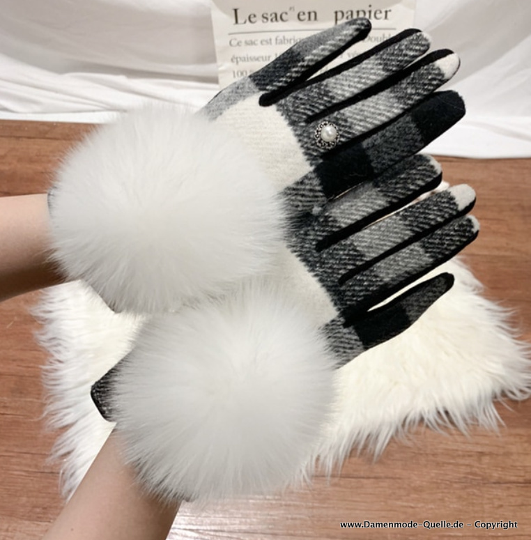 Damen Touchscreen Winter Kaschmir Handschuhe mit Perle und Pom Pom Schwarz 