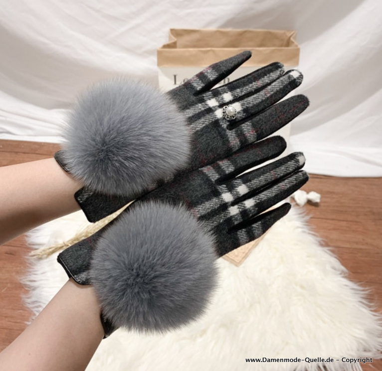 Damen Touchscreen Winter Kaschmir Handschuhe mit Perle und Pom Pom Schwarz Grau 