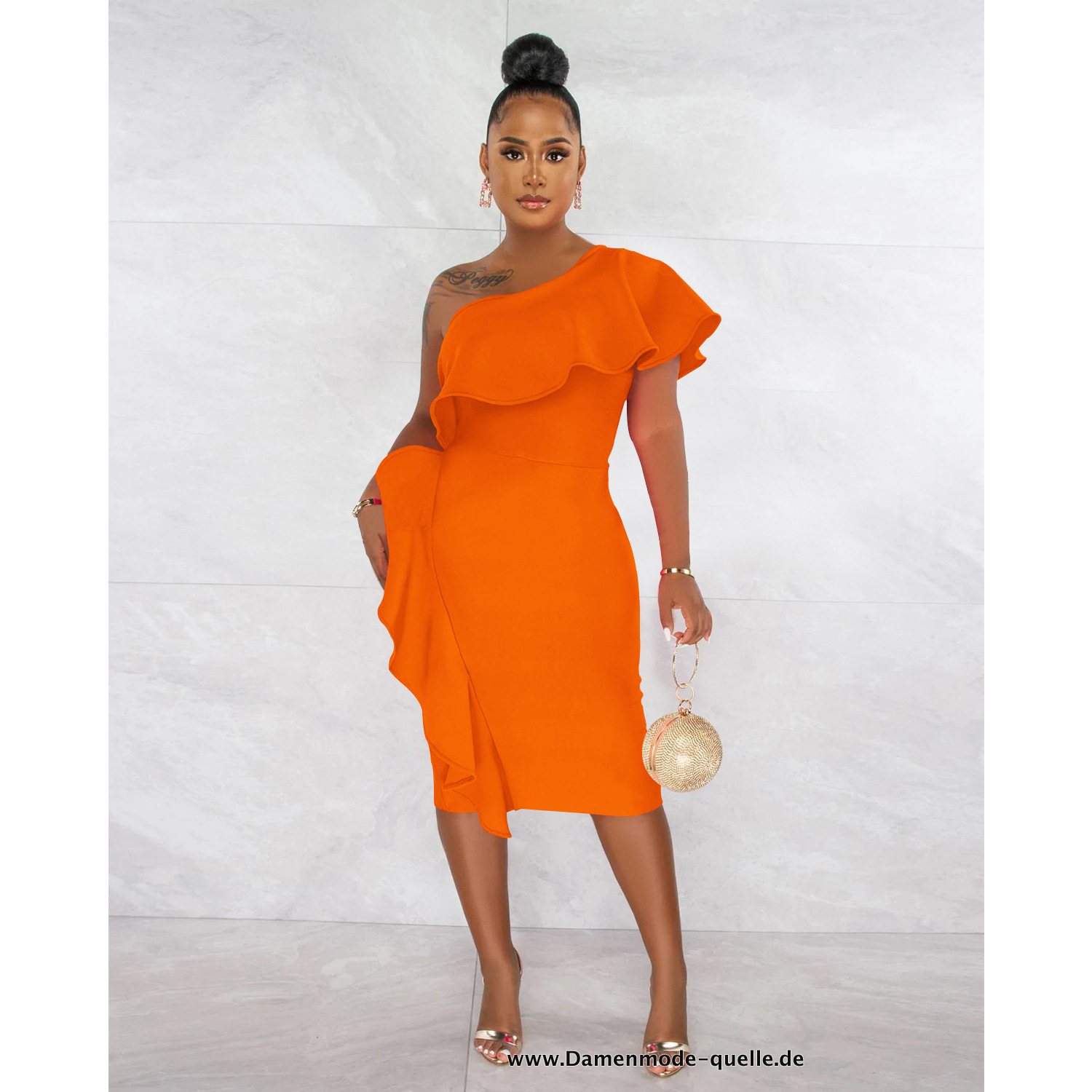 Elegantes Damen Rüschen One Shoulder Knielanges Kleid 2023 Orange