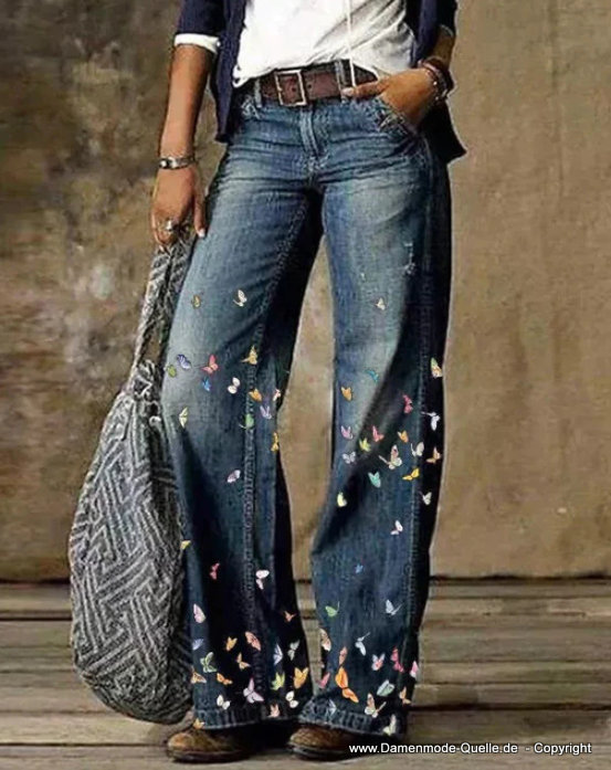 Damen Jeans Outwear in Blau mit Schmetterlinge