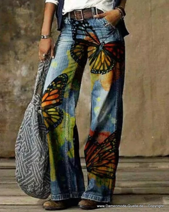 Damen Jeans Outwear in Blau mit Bunte Schmetterlinge