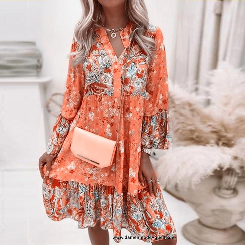 Mini Kleid 2023 Frühling Sommer Rüschen mit V Ausschnitt in Orange