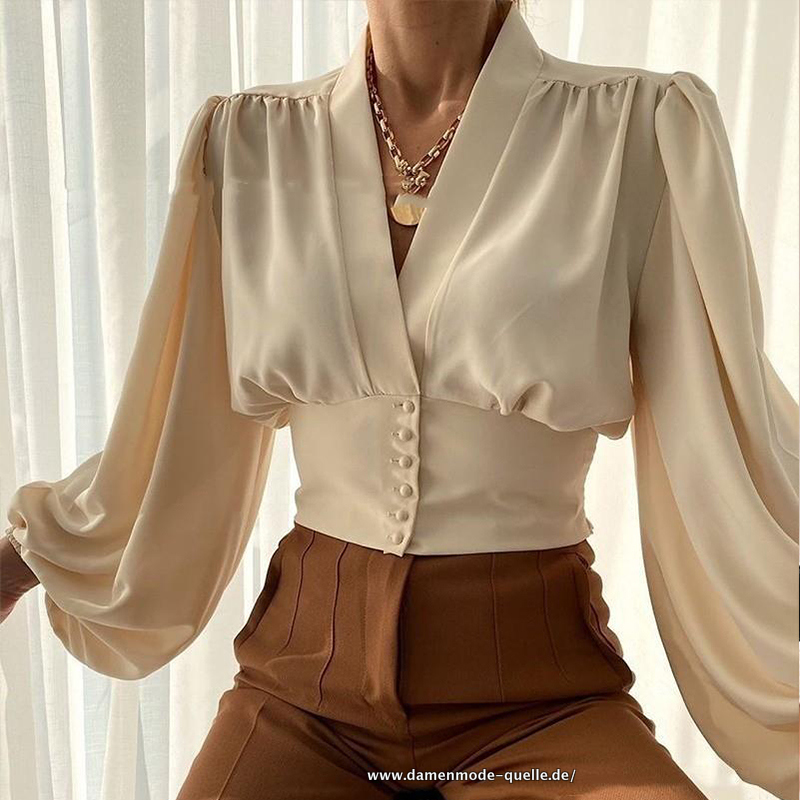 Büro Bluse mit V-Ausschnitt im Vintage Look in Khaki