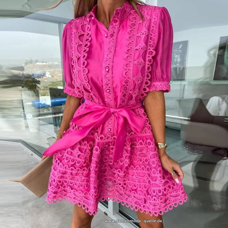 Sexy Spitze Stickerei Kurzarm Büro Kleid mit Stehkragen Pink