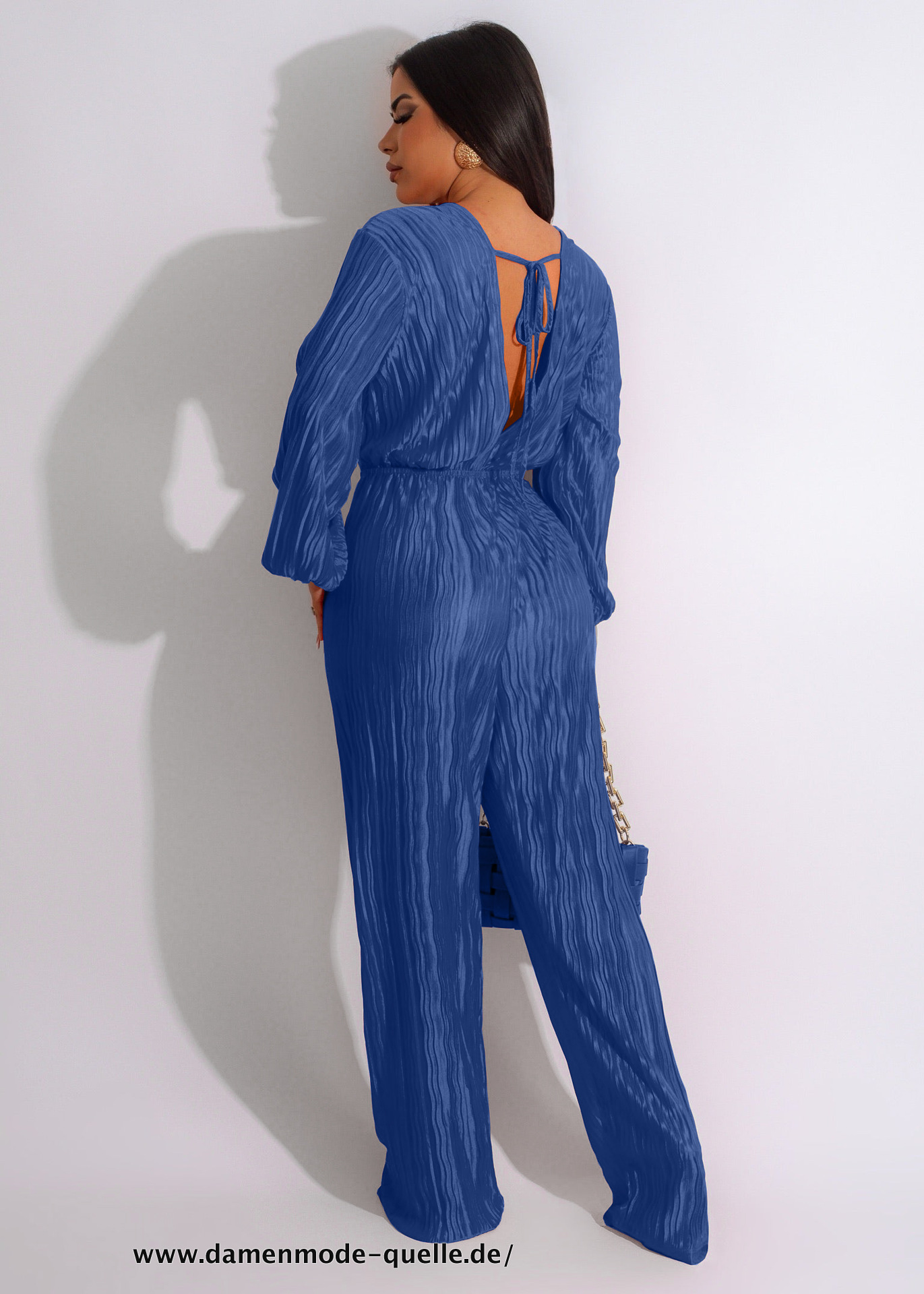 Damen Lange Ärmel mit V-Ausschnitt Elastische Taille Jumpsuit Blau