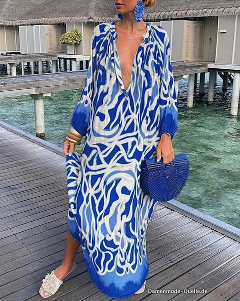 Damen Vintage Maxi Kleid 2023 Sommer Sexy V-Ausschnitt Langarm Boho Blau