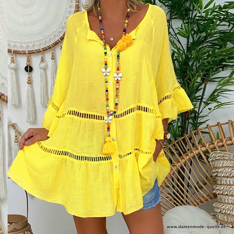 Sommer mit Ausgestellten Ärmel Kleid mit Rüschen Große Größe Gelb günstig 